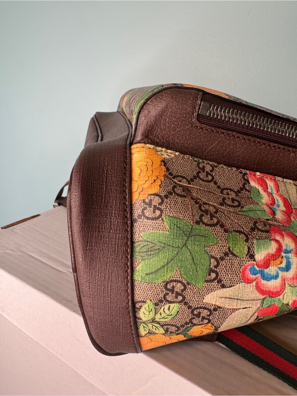Gucci Brown GG Supreme Floral & Bird Canvas Backpack with Blue Accents - Picture 8 of 13